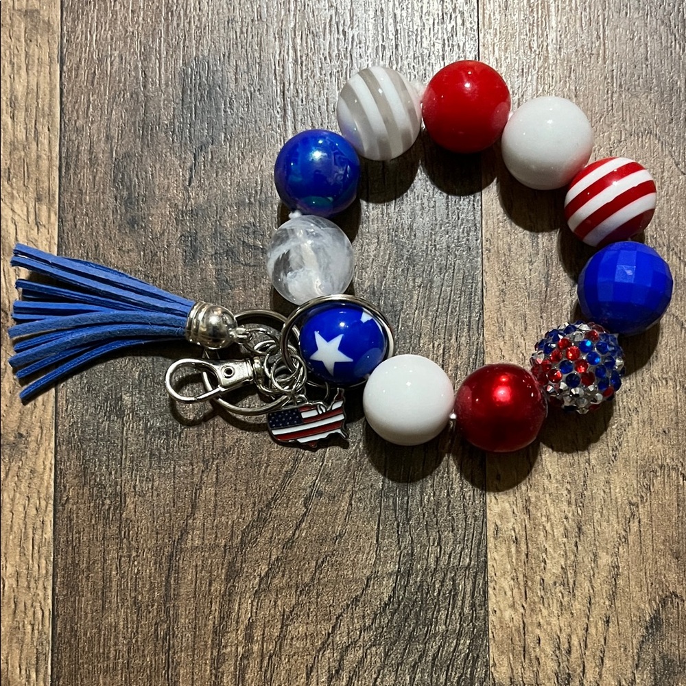 Patriotic Beaded Keychain Bracelet with Tassel